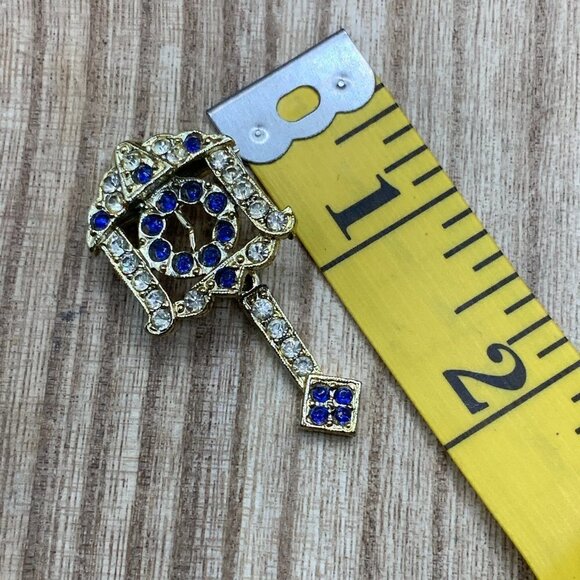 Pendulum Clock Vintage Blue Rhinestone Silver Tone Pin Brooch - Picture 5 of 6